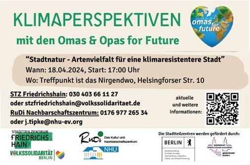 Veranstaltungsflyer für Klimaperspektiven von Omas & Opas for Future, mit Informationen zu einem Naturspaziergang am 18. April 2024 um 17:00 Uhr in Berlin, mit Kontaktinformationen und Logos der unterstützenden Organisationen.