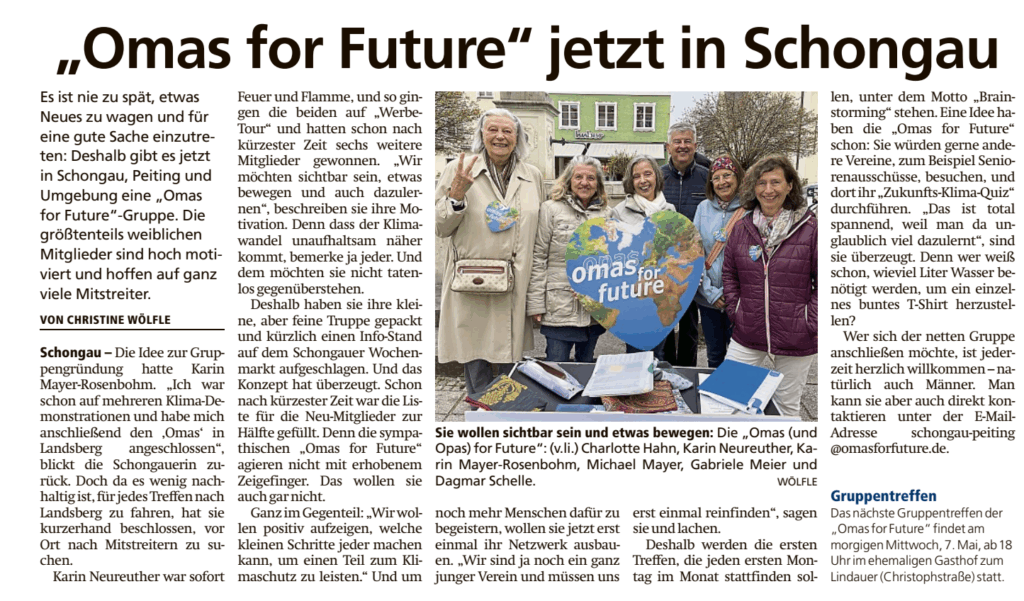 "Omas for Future" jetzt in Schongau. So lautet die Überschrift eines Zeitungsartikels der Schongauer Nachrichten. Er ist als Foto in diesen Artikel eingebettet.