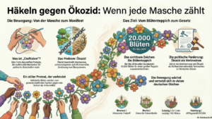 Die Infografik mit dem Titel Häkeln gegen Ökozid zeigt Hände, die Blumen häkeln, eine Blumenkette, Menschen, die protestieren, und hebt das Ziel der Bewegung hervor: die Schaffung eines Wandteppichs mit 20.000 Blumen, um ein Gesetz gegen den Ökozid in Deutschland zu fördern.