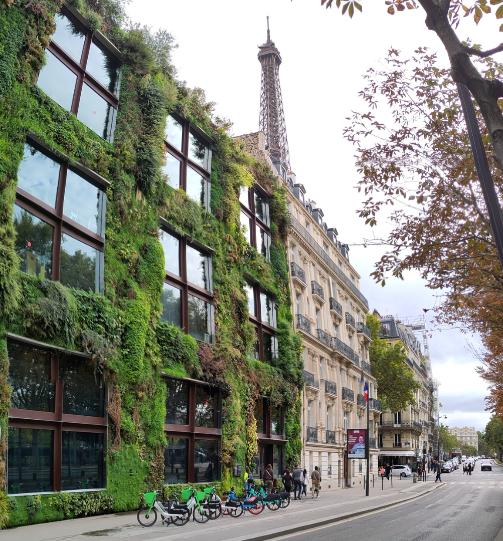 Ein modernes, mit üppigen Grünpflanzen bewachsenes Gebäude steht neben einer klassischen Pariser Straße. Davor sind Fahrräder geparkt, und im Hintergrund erhebt sich der Eiffelturm unter einem bewölkten Himmel.