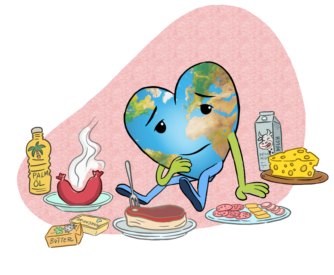 Ein trauriges, anthropomorphes Herz in Form der Erde sitzt umgeben von Palmöl, Butter, Steak, Käse, Milch, Wurst und einer dampfenden Schüssel und weist auf die Umweltauswirkungen von tierischen Produkten und Palmöl hin.