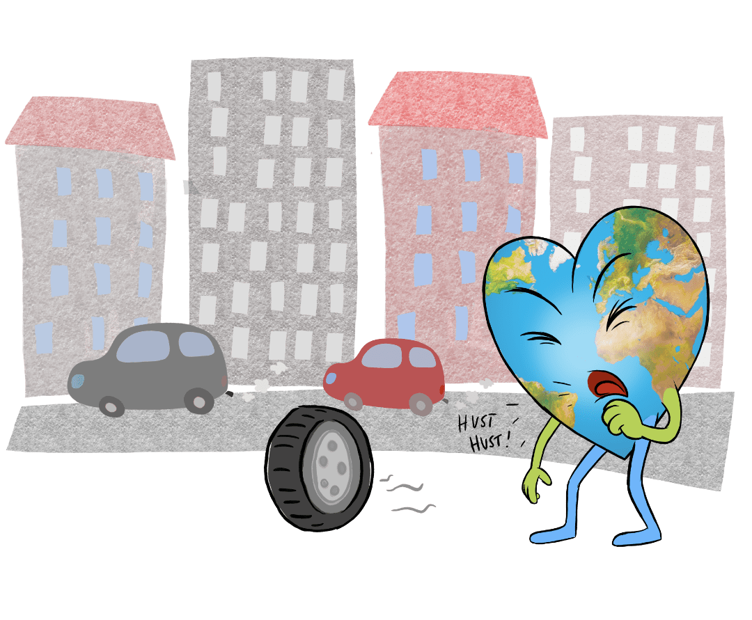 Eine Cartoon-Erde in Form eines Herzens hustet in der Nähe einer Straße mit Autos und Gebäuden. Ein Reifen rollt vorbei, und die Erde hält ein Taschentuch. Die Szene deutet auf Umweltverschmutzung und Umweltprobleme hin.
