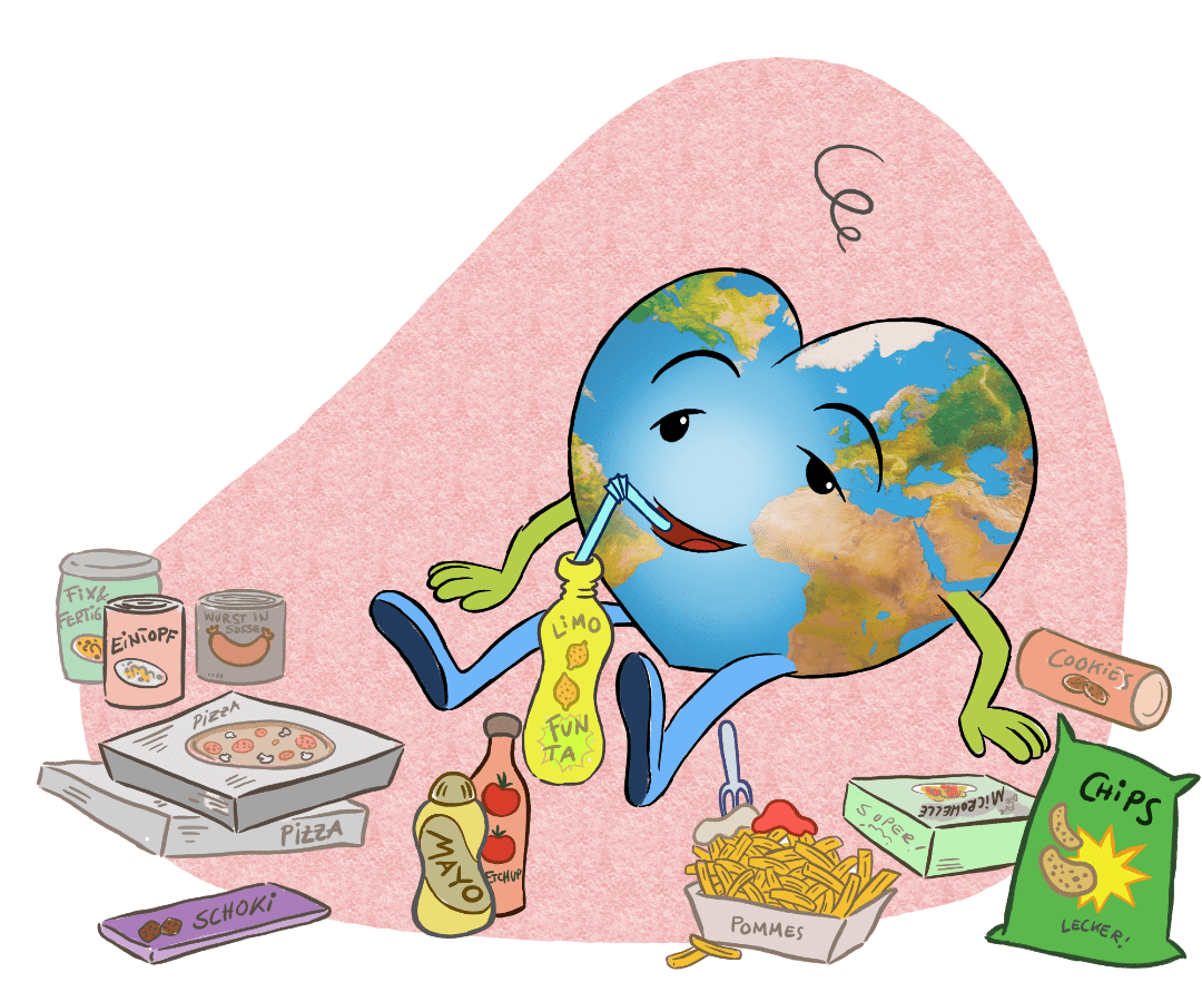 Eine herzförmige Erdkarikatur lächelt und hält einen Schmetterling an einem Finger. In der Nähe wachsen blaue Blumen. Eine Sprechblase sagt: "Die Lösung ist Bio: Lebensmittel ohne Gifte! (Die Lösung ist Bio: Lebensmittel ohne Gifte!).