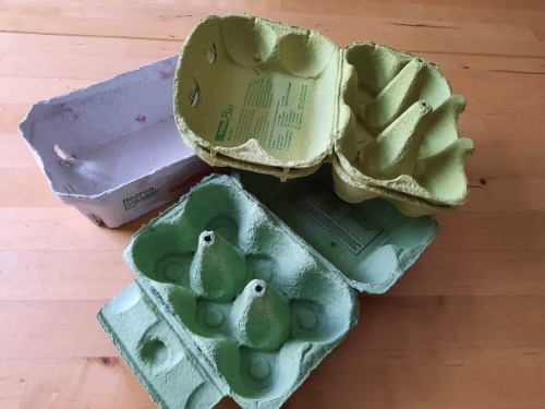 Drei leere, geöffnete Eierkartons - zwei grüne und ein grauer - stehen auf einer Holzfläche. Die Kartons sind aus geformtem Zellstoff hergestellt und leicht überlappend angeordnet.