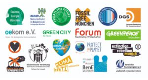 Eine Sammlung von Logos verschiedener Umwelt- und Nachhaltigkeitsorganisationen, darunter Greenpeace, Fridays for Future, Scientists for Future, Extinction Rebellion und andere, die vor einem weißen Hintergrund dargestellt sind.