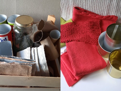 Ein geteiltes Bild: links eine Schachtel mit Gläsern, Klopapierrollen, Pappe und Dosen, rechts auf einer weißen Fläche gestapelte Blechdosen und strukturierte rote Tücher.