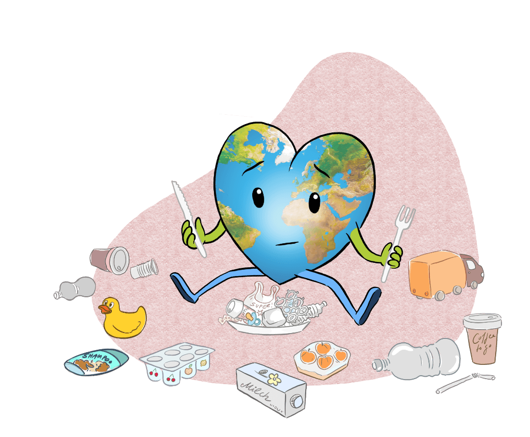 Eine herzförmige Erde mit einem traurigen Gesicht sitzt mit Gabel und Messer in der Hand, umgeben von Abfällen wie Plastikflaschen, Fast Food, Kartons, Spielzeug und einem Spielzeugauto, die auf Umweltverschmutzung und Abfall hinweisen.