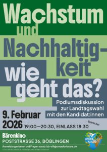 Plakat für eine Podiumsdiskussion mit dem Titel Wachstum und Nachhaltigkeit - wie geht das? am 9. Februar 2026 um 19:00 Uhr im Bärenkino, Böblingen, mit Landtagskandidaten; veranstaltet von Omas for Future.