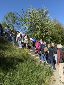 Eine Gruppe von Menschen mit Rucksäcken erklimmt eine Treppe im Freien, umgeben von Grün und Bäumen unter einem klaren blauen Himmel.