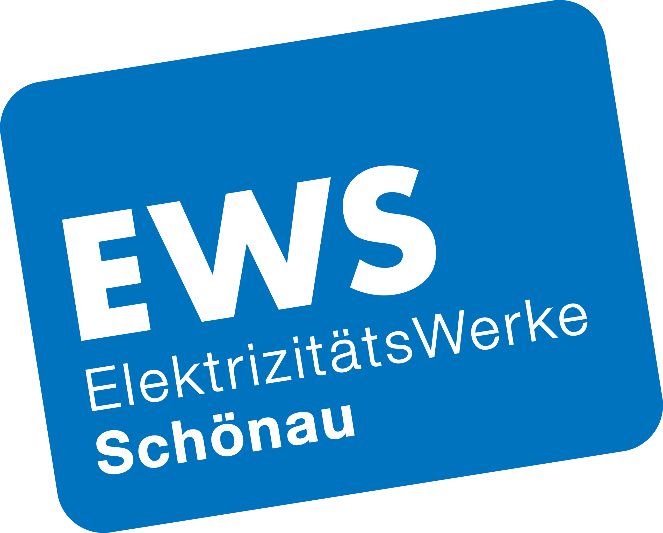 Blaues, rechteckiges Logo mit dem weißen Schriftzug EWS Elektrizitätswerke Schönau, wobei Schönau in fetter Schrift den Ökostrom und einen bewussten Stromwechsel symbolisiert.