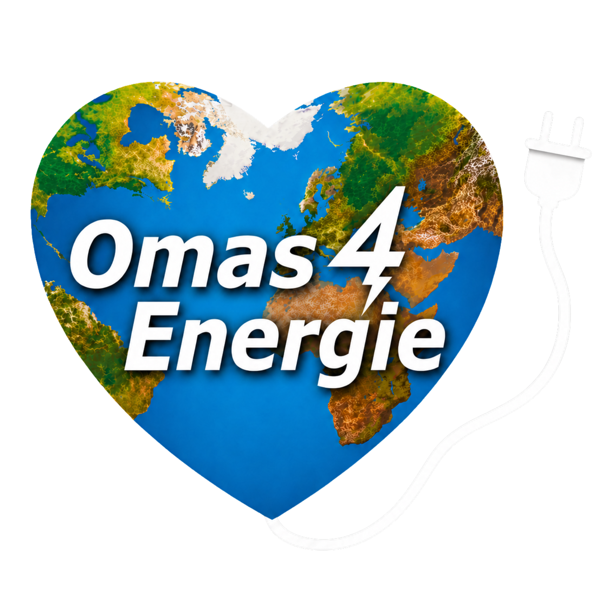 Ein herzförmiges Bild der Erde mit einem weißen Netzstecker und dem Text Omas 4 Energie in fetten weißen Buchstaben in der Mitte.