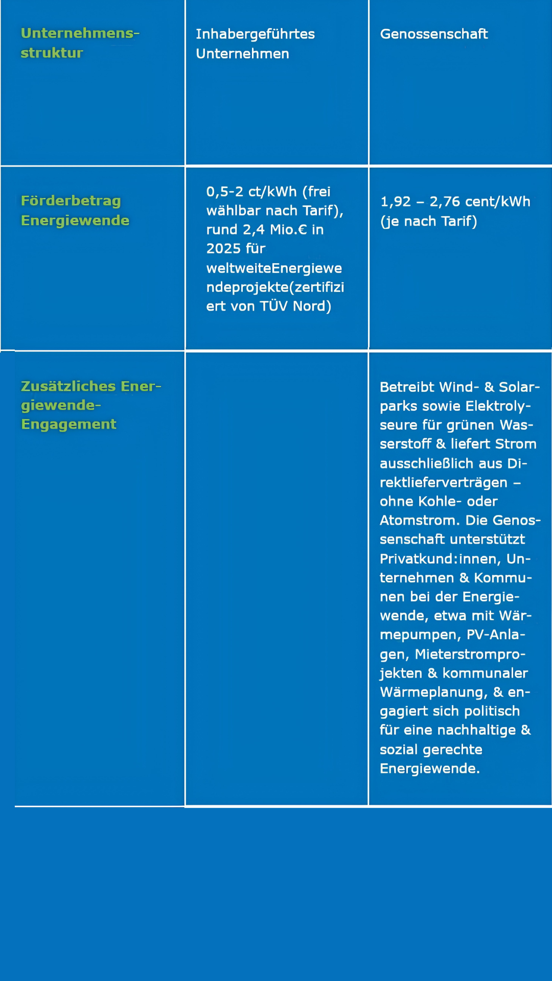 Eine deutschsprachige Tabelle, die Unternehmensstruktur, Energiefinanzierung und Energieverbrauch von inhabergeführten Unternehmen und Genossenschaften vergleicht, einschließlich Stromtarife und Merkmale wie erneuerbare Energien und Fernwärme. Blauer Hintergrund mit grüner Hervorhebung.