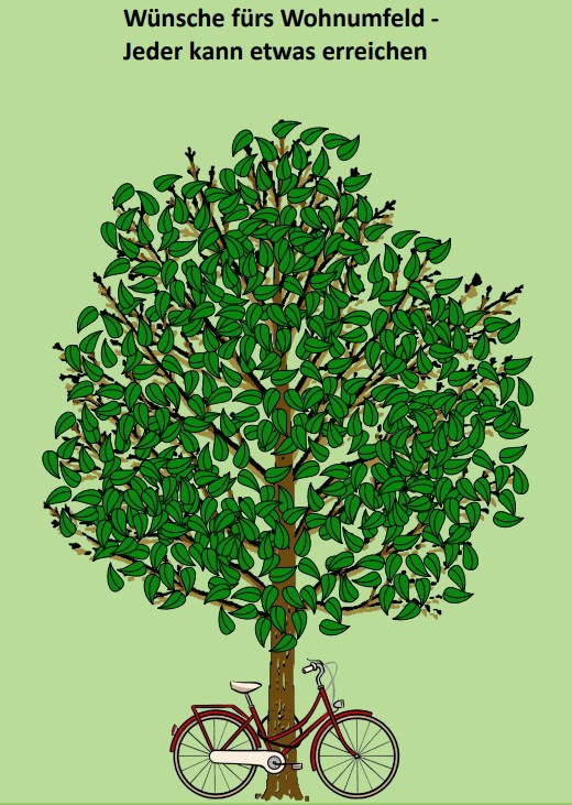 Wünsche fürs Wohnumfeld©O4F_Leipzig Ein grüner, belaubter Baum, an dessen Stamm ein rotes Fahrrad lehnt. Über dem Baum steht in deutscher Sprache: „Wünsche fürs Wohnumfeld – Jeder kann etwas erreichen“.