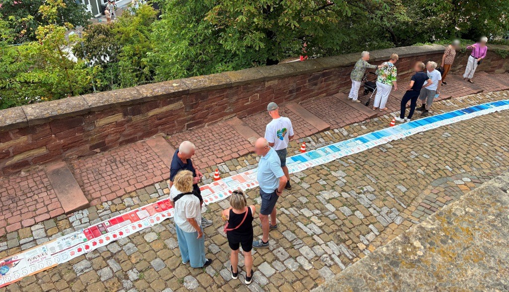 Menschen stehen und gehen auf einer Kopfsteinpflasterstraße entlang und betrachten eine lange Reihe von gedruckten Plakaten oder Karten, die auf dem Boden ausgelegt sind. Bäume und eine Backsteinmauer säumen die Szene, in der sich Gruppen in kleinen Kreisen unterhalten.
