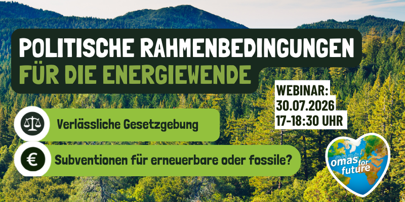 Webinar-Banner vor einem Waldhintergrund: „Politische Rahmenbedingungen für die Energiewende“. In Sprechblasen werden Gesetzgebung und Fördermittel thematisiert sowie wichtige Informationen zum Webinar hervorgehoben. Außerdem sind die Webinar-Details und das „Omas for Future“-Logo mit einem Globus-Herz abgebildet.